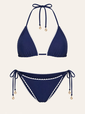 Triangle Tie Side Navy Blue Satin Bikini Set with Contrast-Bikini Set-Bellascena-S-Navy-bellascena