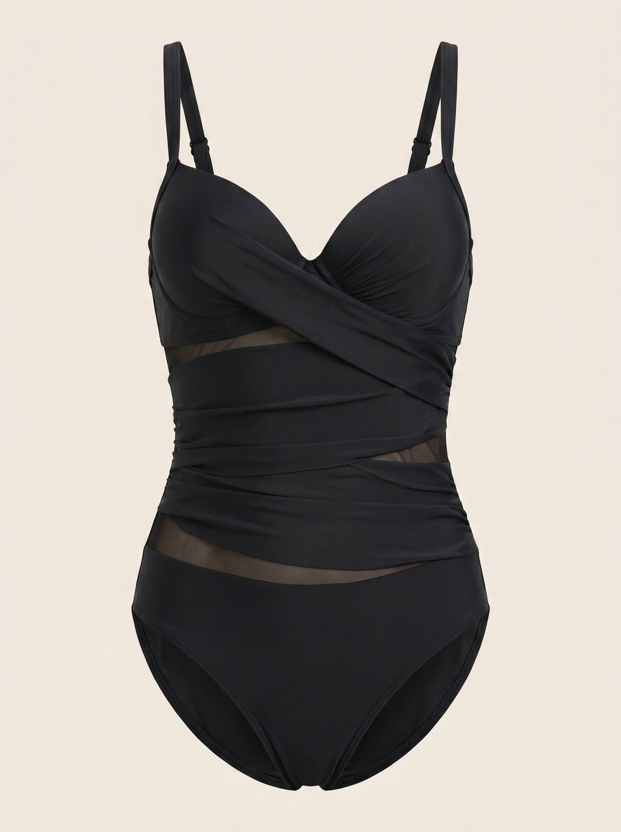 Tummy-Control Black Satin Swimsuit with Adjustable Straps-One-Piece Swimsuit-Bellascena-Black-S-bellascena
