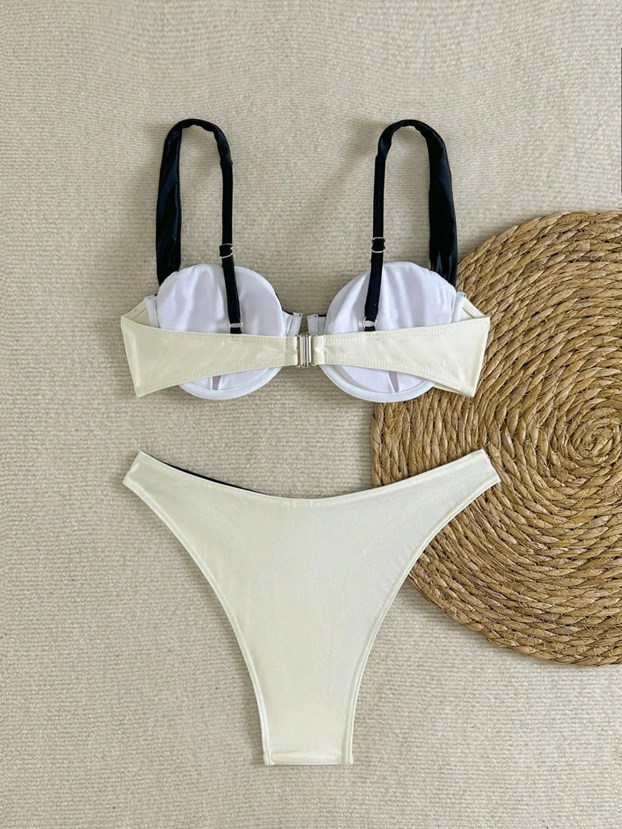 Underwired Black and Ivory Satin Bodysuit with Strappy Detail-Bodysuit-Bellascena-bellascena