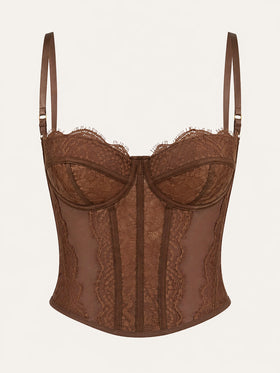 Underwired Brown Lace Bodysuit with Strappy Elegance-Bodysuit-Bellascena-Brown-XS-bellascena