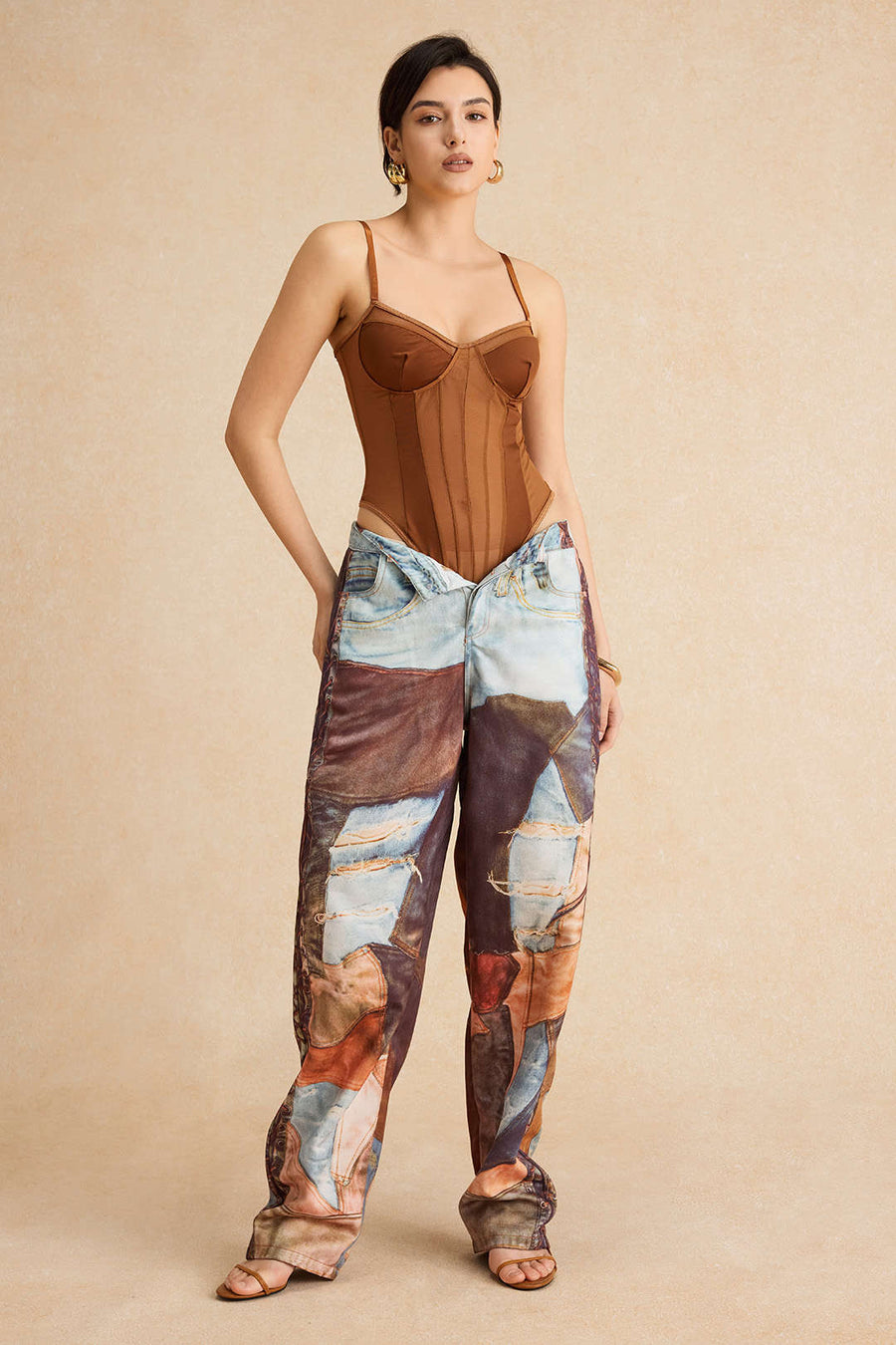 Underwired Brown Mesh Bodysuit with Adjustable Straps-Bodysuit-Bellascena-bellascena
