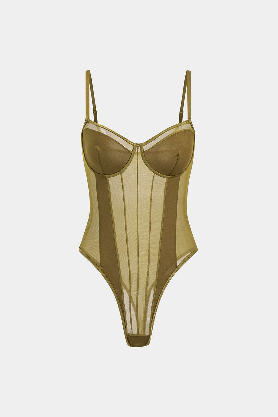 Underwired Brown Mesh Bodysuit with Adjustable Straps-Bodysuit-Bellascena-Olive-XS-bellascena
