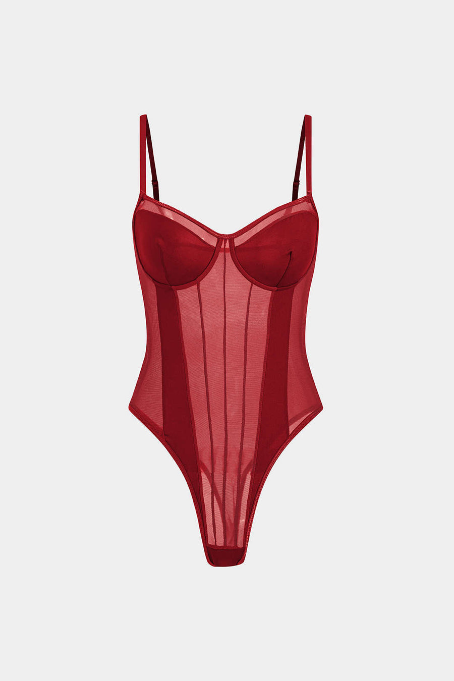 Underwired Brown Mesh Bodysuit with Adjustable Straps-Bodysuit-Bellascena-Red-XS-bellascena