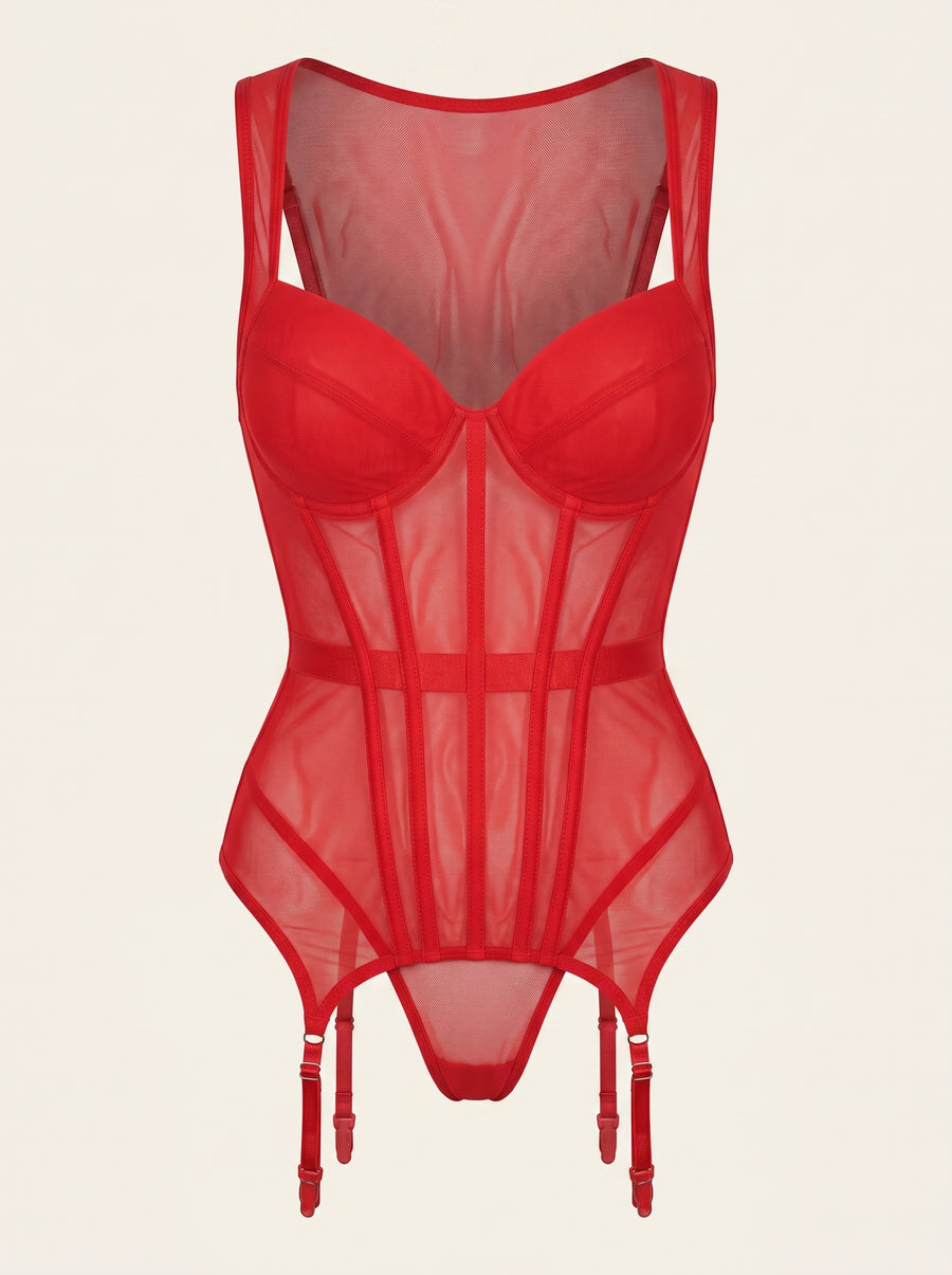 Underwired Red Mesh Bodysuit with Strappy Detail-Bodysuit-Bellascena-S-Red-bellascena