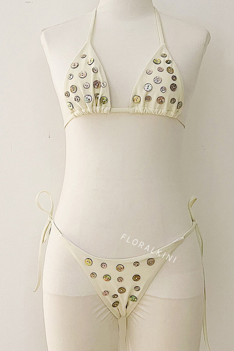 White Button Embellished Synthetic Swimwear with Halterneck-Bikini Set-Bellascena-bellascena
