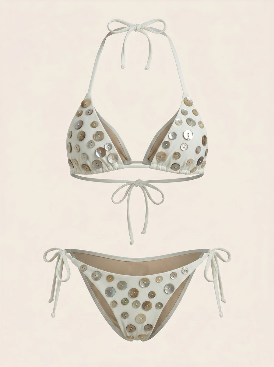 White Button Embellished Synthetic Swimwear with Halterneck-Bikini Set-Bellascena-S-White-bellascena