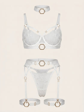 White Floral Embroidered Mesh Bodysuit with Gold Ring Detail-Bodysuit-Bellascena-S-S-White-bellascena