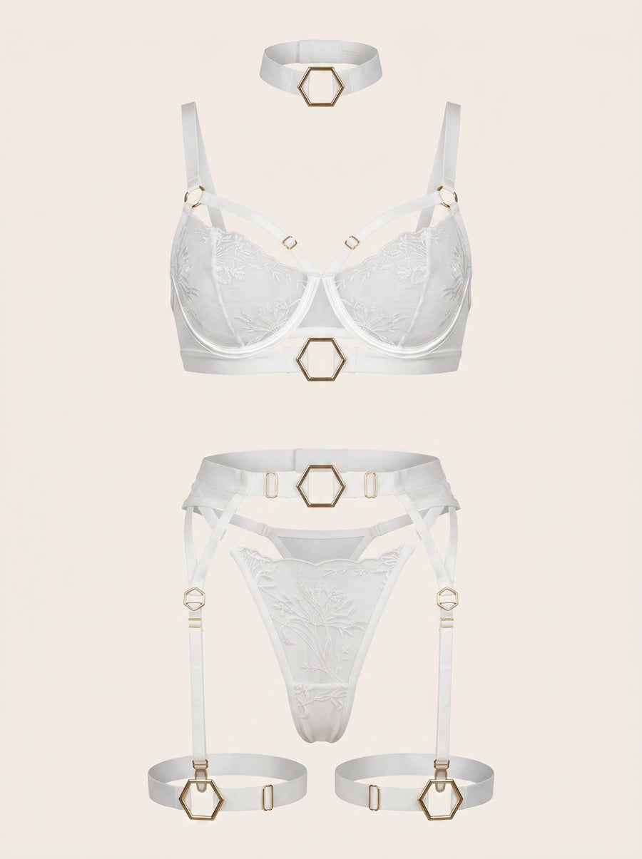 White Floral Embroidered Mesh Bodysuit with Gold Ring Detail-Bodysuit-Bellascena-S-S-White-bellascena