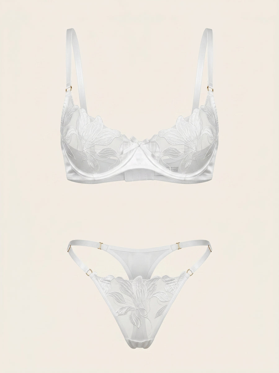 White Floral Mesh Lingerie Set with Strappy Design-Lingerie Set-Bellascena-White-S-bellascena