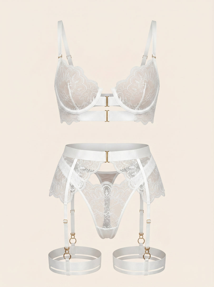 White Lace Lingerie Set with Garter Straps-Lingerie Set-Bellascena-XS-XS-White-bellascena