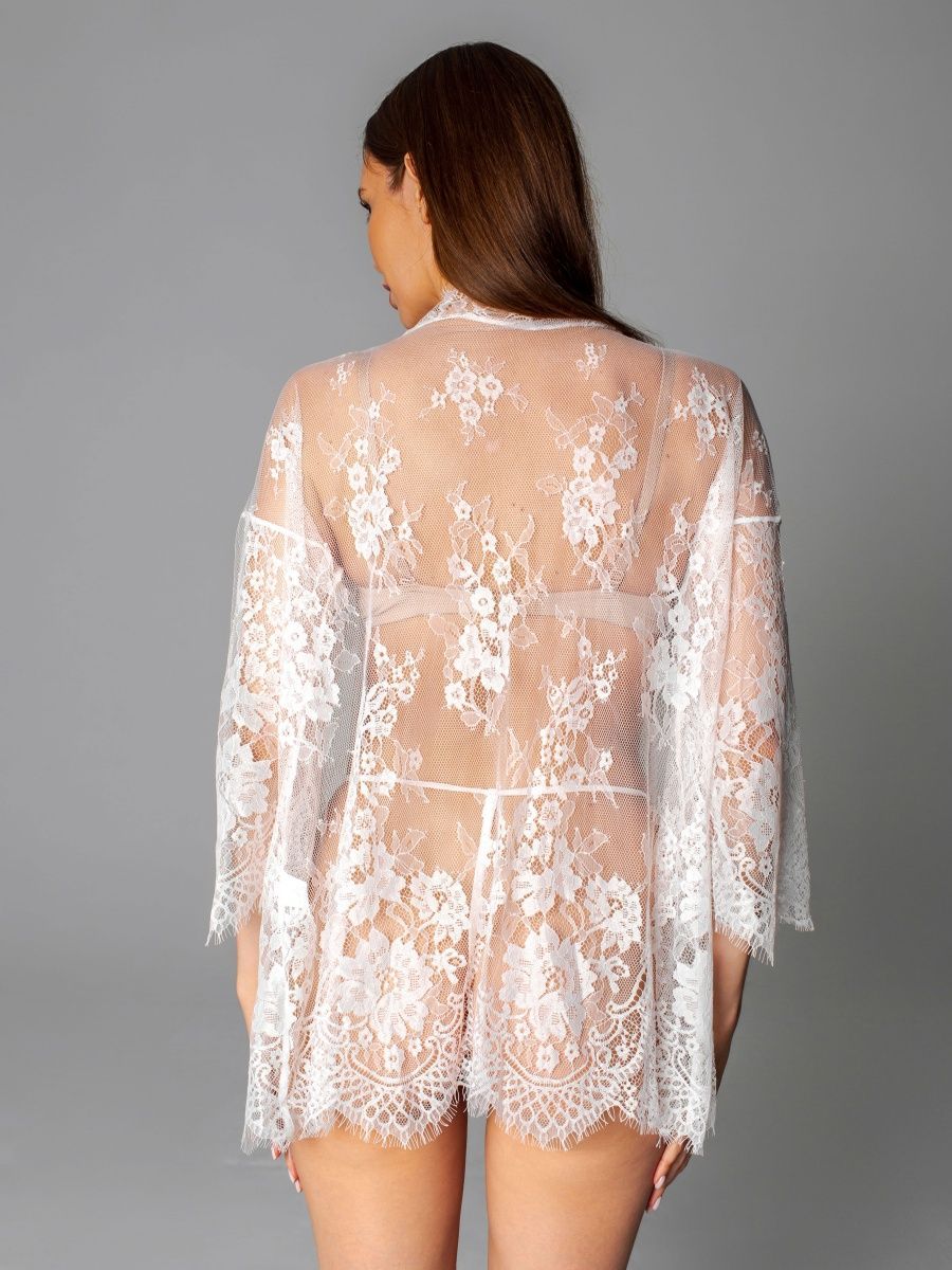White Lace Robe with Satin Belt and Scalloped Edges-Kimono Robe-Bellascena-bellascena