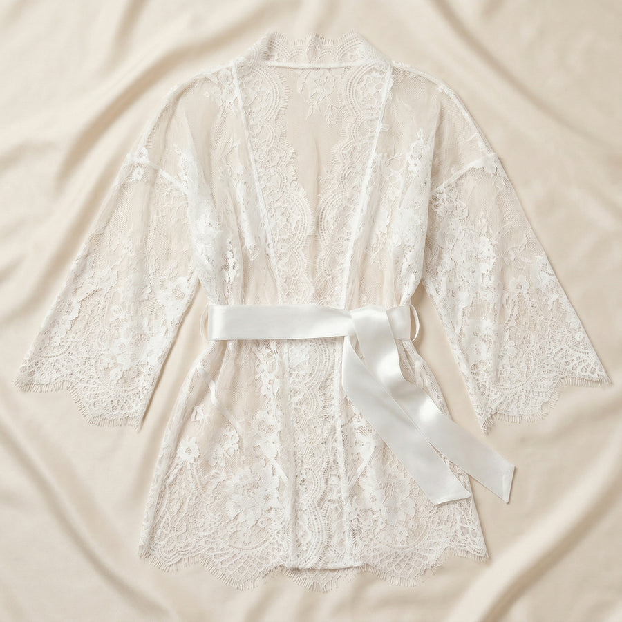 White Lace Robe with Satin Belt and Scalloped Edges-Kimono Robe-Bellascena-bellascena