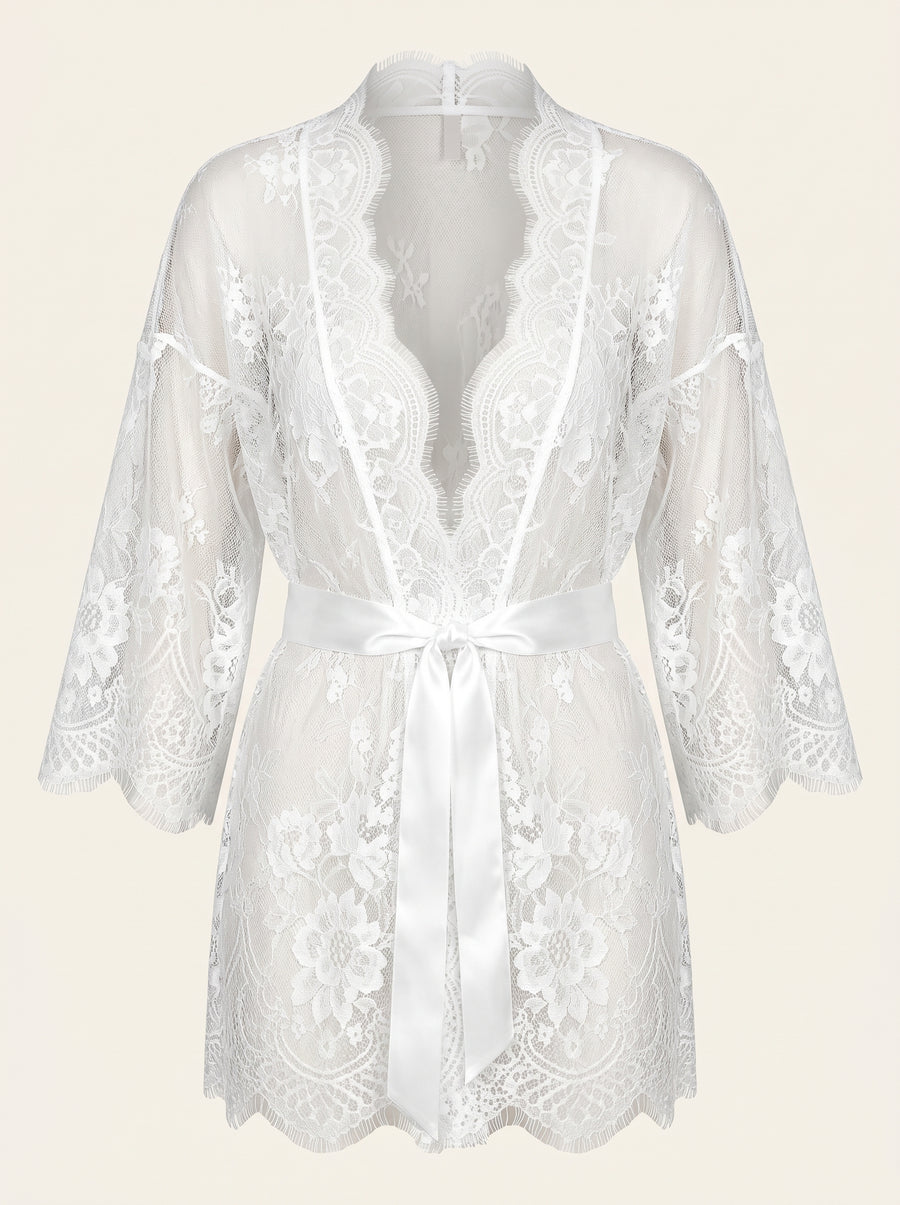 White Lace Robe with Satin Belt and Scalloped Edges-Kimono Robe-Bellascena-S-White-bellascena