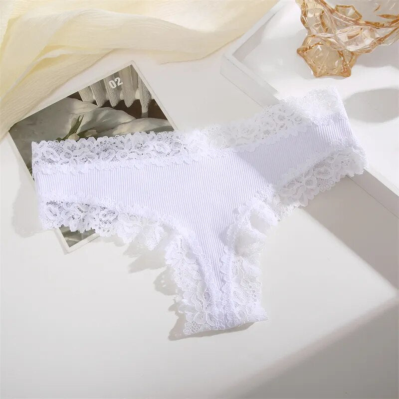 White Ribbed Fabric Panty with Lace Trim-Panty-Bellascena-bellascena