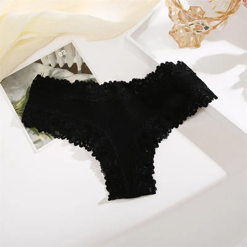 White Ribbed Fabric Panty with Lace Trim-Panty-Bellascena-Black-S-bellascena