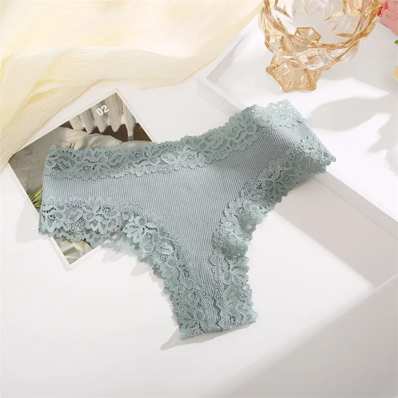 White Ribbed Fabric Panty with Lace Trim-Panty-Bellascena-Green-S-bellascena