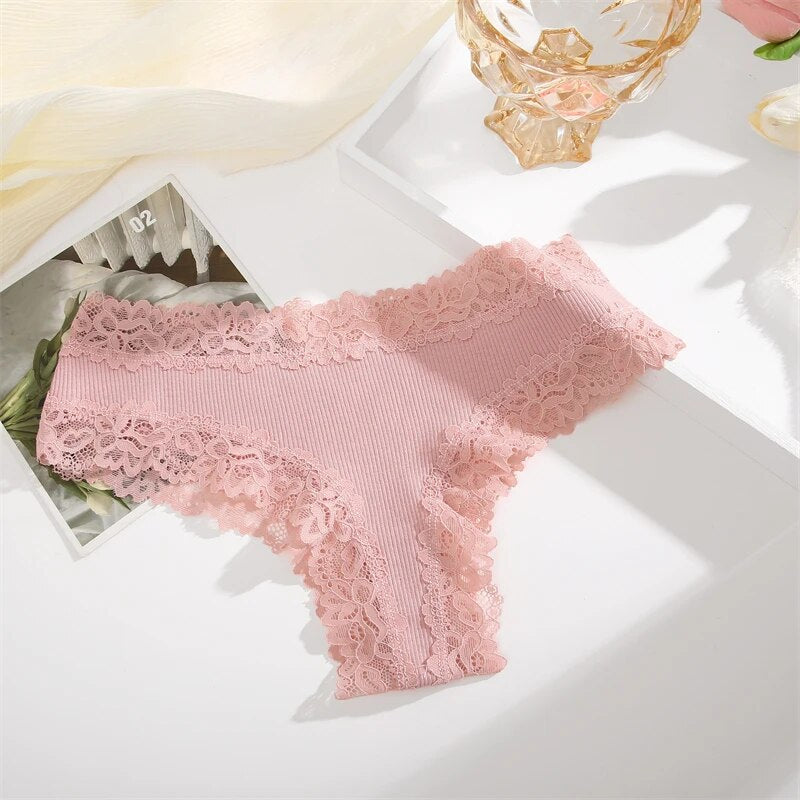 White Ribbed Fabric Panty with Lace Trim-Panty-Bellascena-Pink-S-bellascena