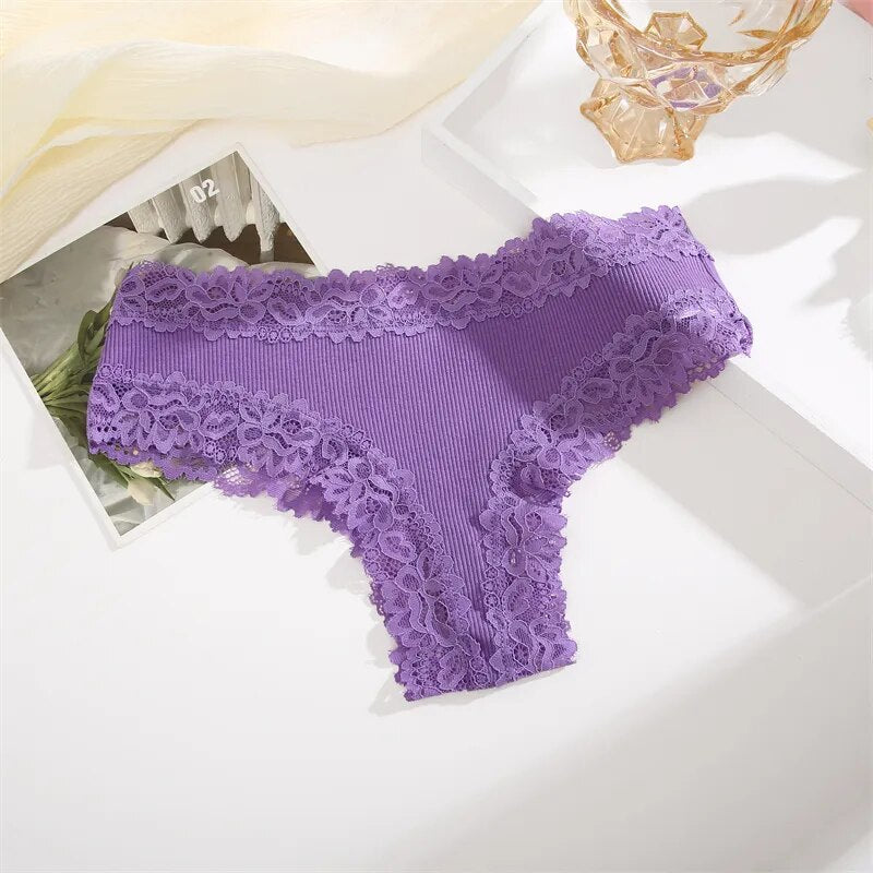 White Ribbed Fabric Panty with Lace Trim-Panty-Bellascena-Purple-S-bellascena