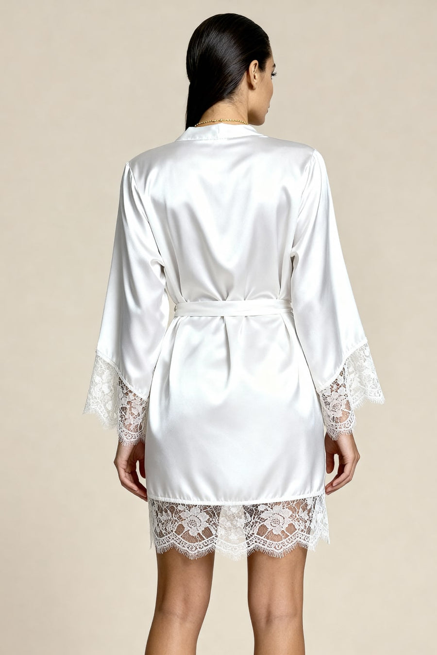 White Satin Pajama Set with Lace Trim-Pajama Set-Bellascena-bellascena