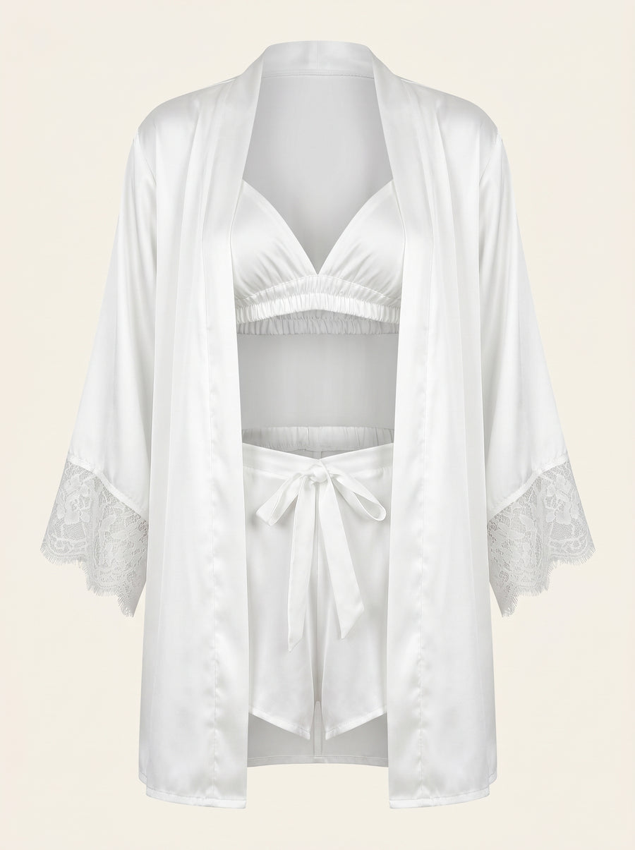White Satin Pajama Set with Lace Trim-Pajama Set-Bellascena-S-White-bellascena