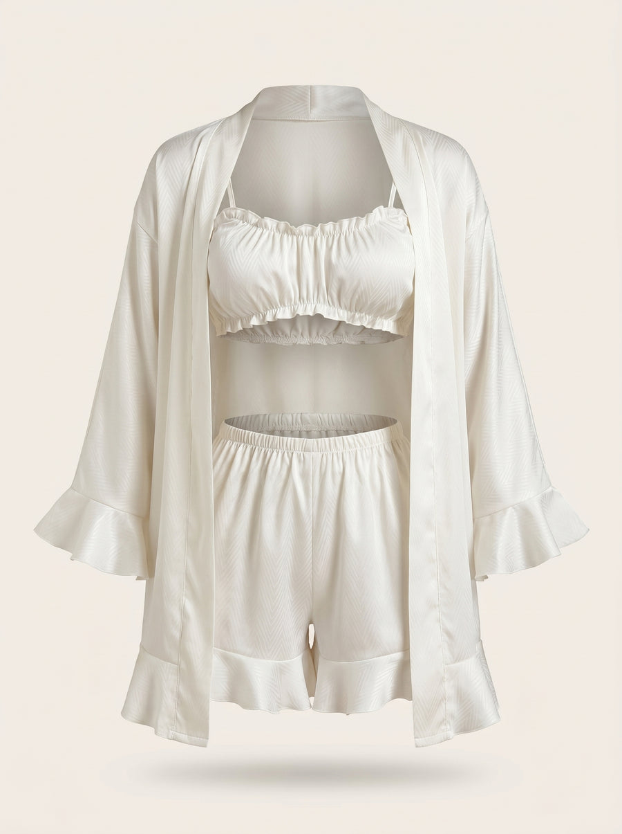 White Satin Pajama Set with Ruffle Details-Pajama Set-Bellascena-bellascena