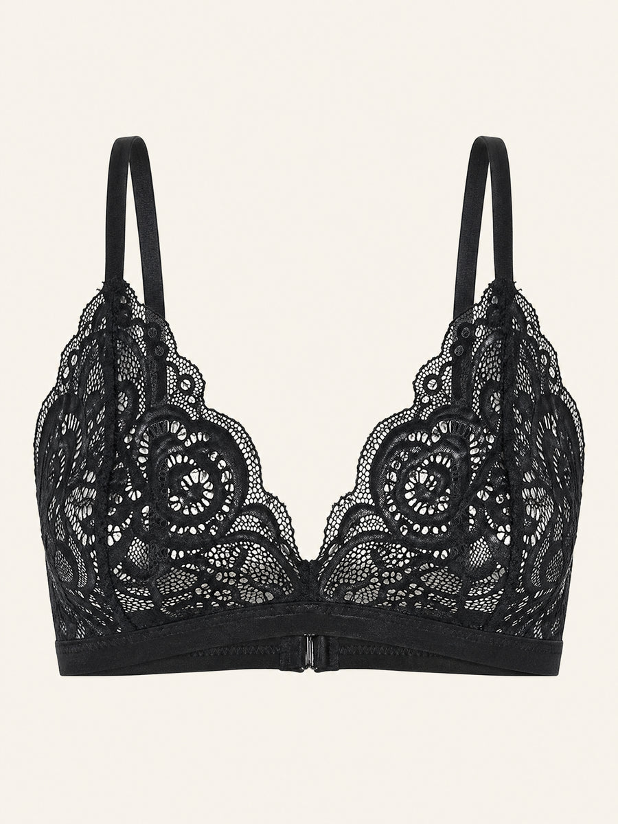 Wireless Black & White Floral Lace Bralette with Scalloped Edges-Bra-Bellascena-bellascena