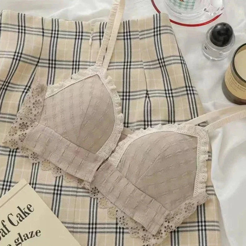 Wireless Lace Trim Cotton Bra with Front Closure-Bra-Bellascena-Beige-70AB-bellascena