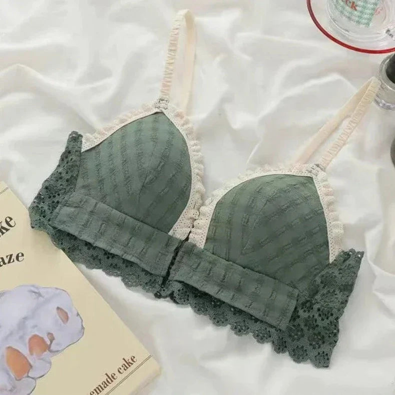 Wireless Lace Trim Cotton Bra with Front Closure-Bra-Bellascena-Green-70AB-bellascena