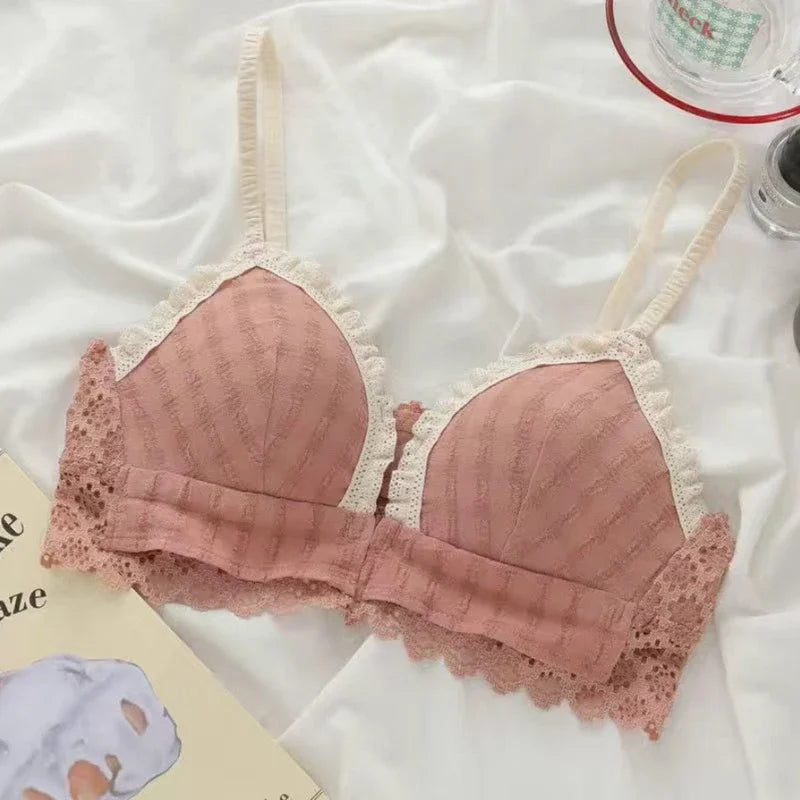 Wireless Lace Trim Cotton Bra with Front Closure-Bra-Bellascena-Pink-70AB-bellascena