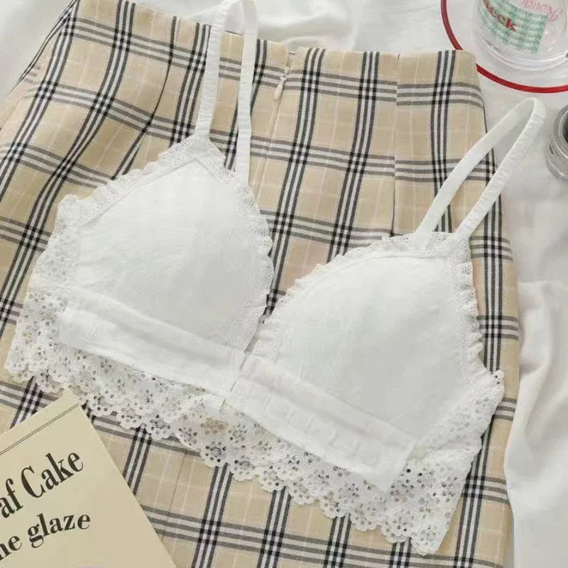 Wireless Lace Trim Cotton Bra with Front Closure-Bra-Bellascena-White-70AB-bellascena