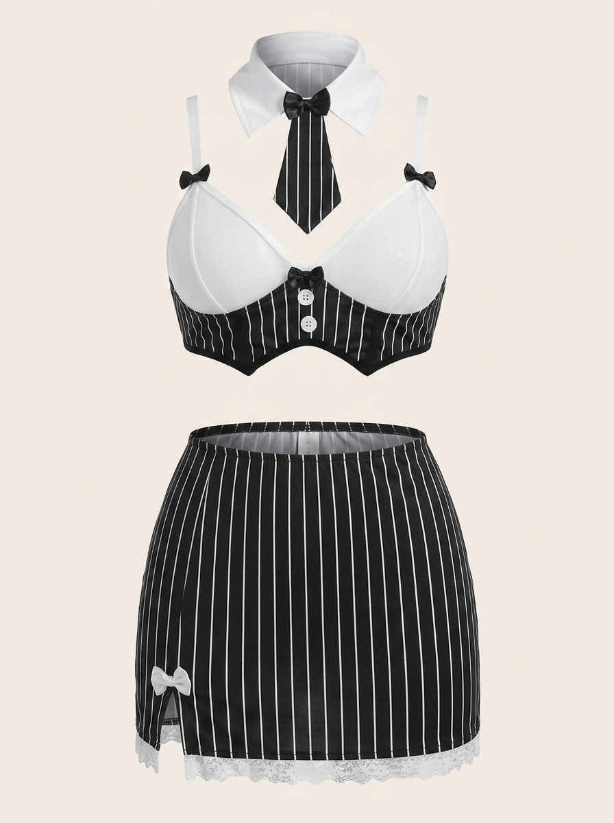 2 Piece Black and White Satin Lingerie Set with Lace Trim