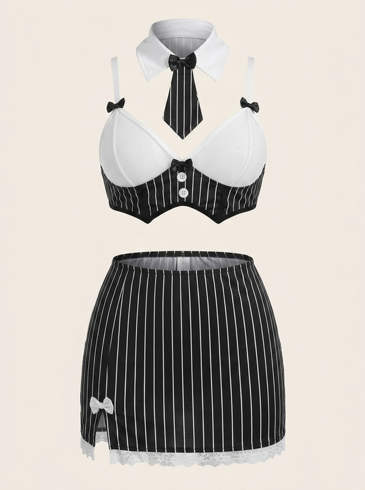 2 Piece Black and White Satin Lingerie Set with Lace Trim-Lingerie Set-Bellascena-Black-S-bellascena