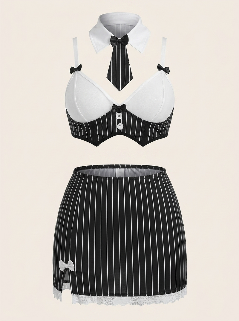 2 Piece Black and White Satin Lingerie Set with Lace Trim