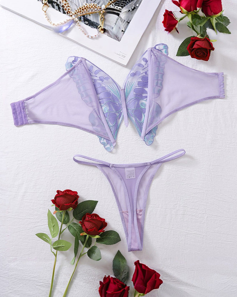 2 Piece Butterfly Print Mesh Lingerie Set with Strapless Sheer Design-Lingerie Set-Bellascena-bellascena