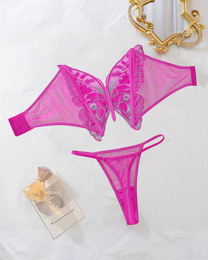 2 Piece Butterfly Print Mesh Lingerie Set with Strapless Sheer Design-Lingerie Set-Bellascena-bellascena