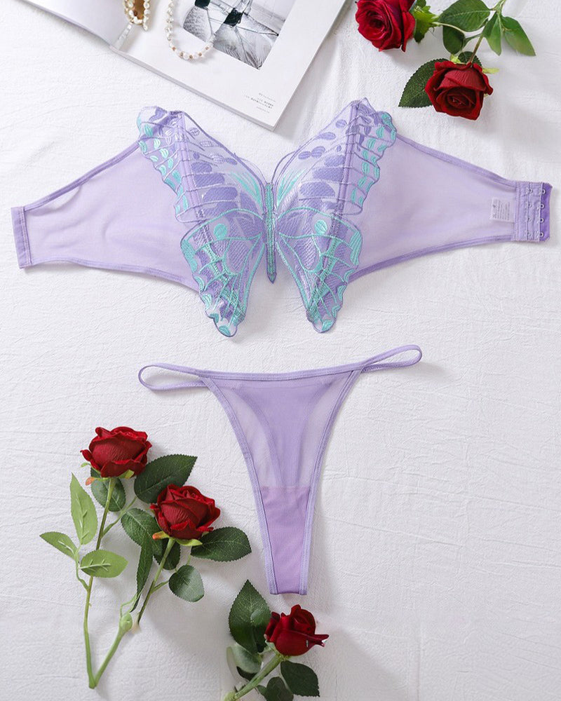 2 Piece Butterfly Print Mesh Lingerie Set with Strapless Sheer Design-Lingerie Set-Bellascena-Light Purple-S-bellascena