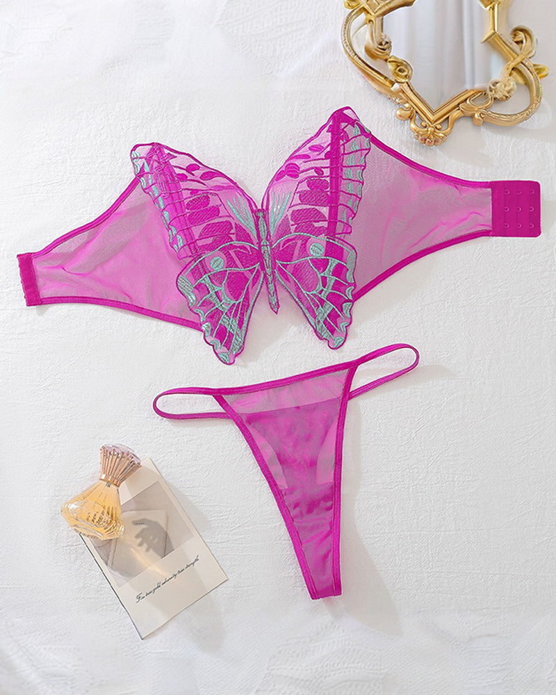 2 Piece Butterfly Print Mesh Lingerie Set with Strapless Sheer Design-Lingerie Set-Bellascena-Rose Red-S-bellascena