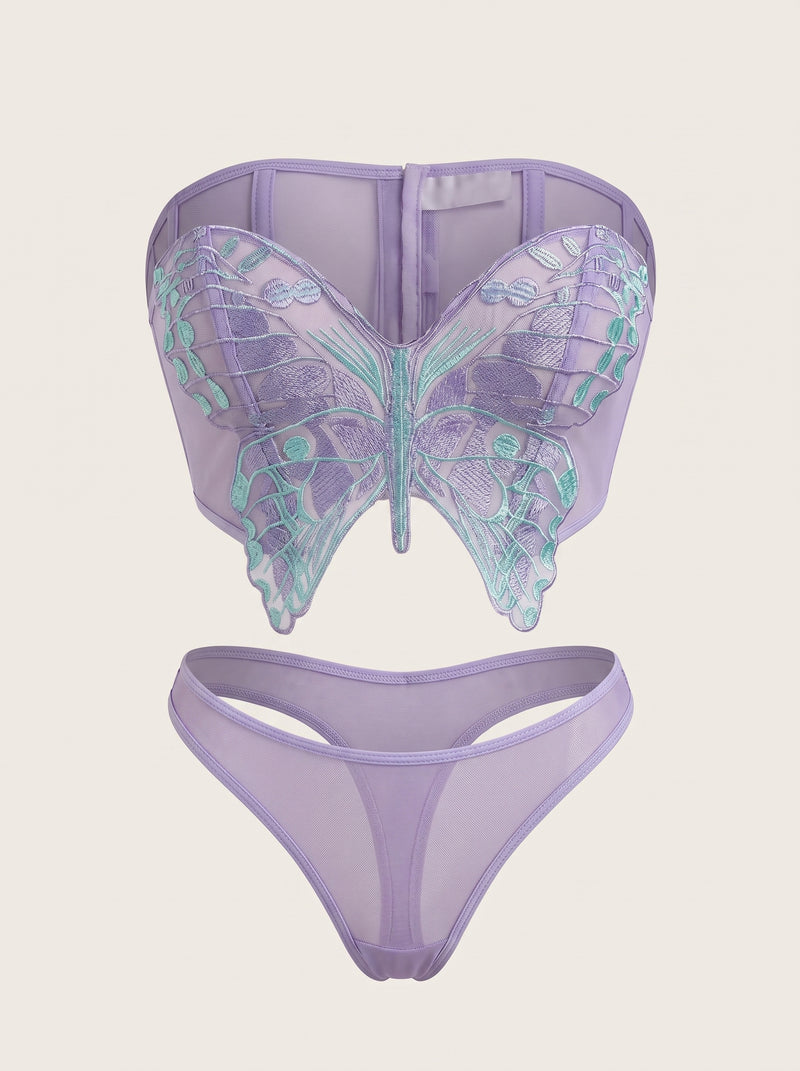 2 Piece Butterfly Print Mesh Lingerie Set with Strapless Sheer Design