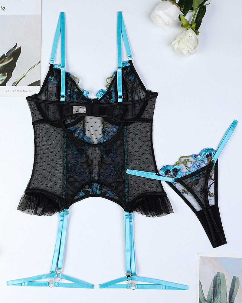 2 Piece Floral Blue Embroidered Mesh Lingerie Set with Scalloped Edges-Corset-Bellascena-bellascena