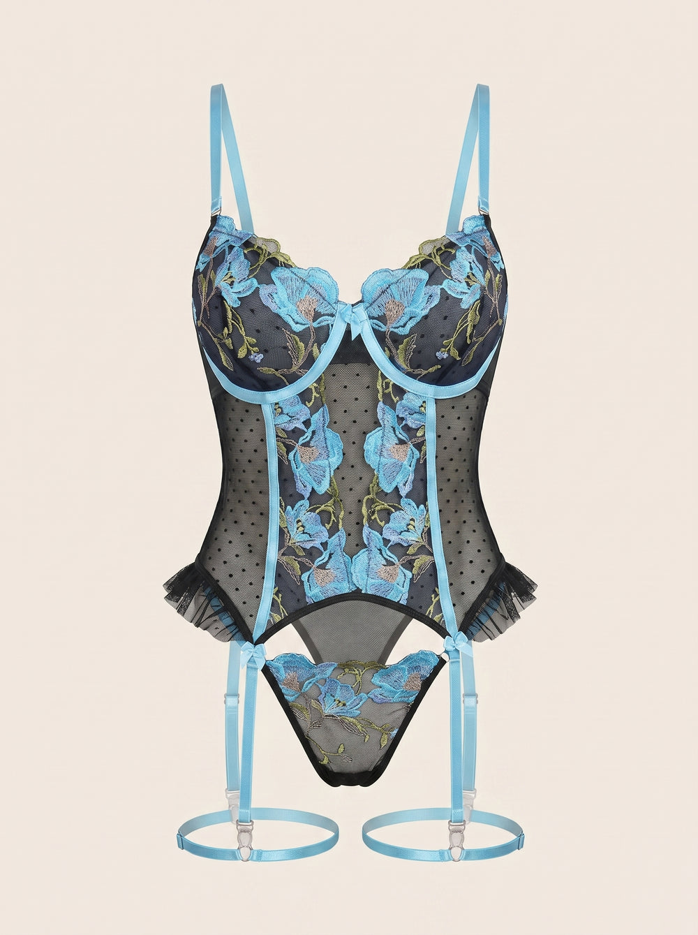 2 Piece Floral Blue Embroidered Mesh Lingerie Set with Scalloped Edges