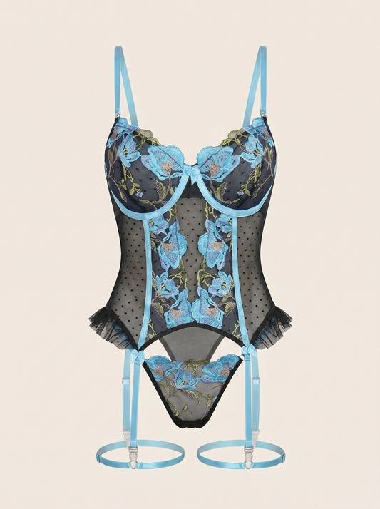 2 Piece Floral Blue Embroidered Mesh Lingerie Set with Scalloped Edges-Corset-Bellascena-Blue-S-bellascena