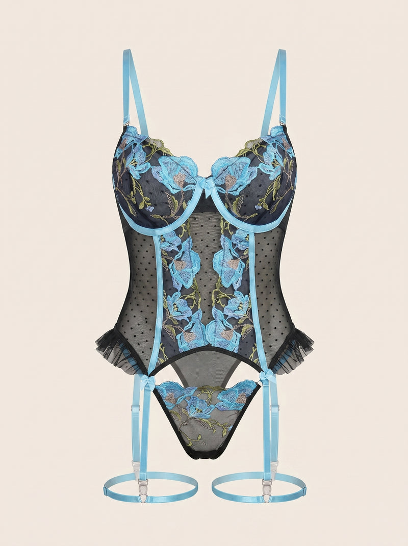 2 Piece Floral Blue Embroidered Mesh Lingerie Set with Scalloped Edges
