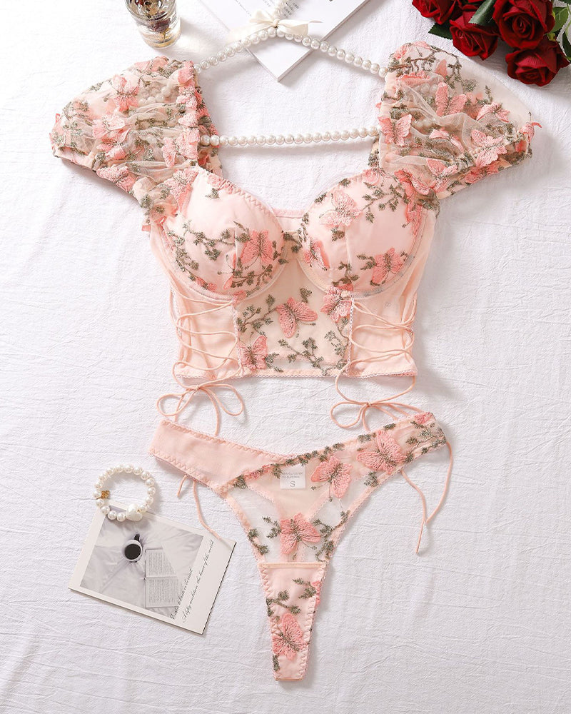 2 Piece Floral Pink Embroidered Mesh Lingerie Set with Puff Sleeves-Corset-Bellascena-bellascena