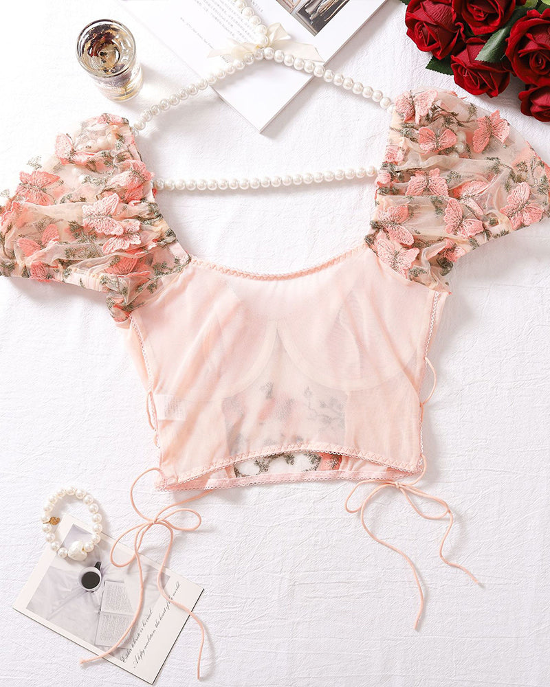 2 Piece Floral Pink Embroidered Mesh Lingerie Set with Puff Sleeves-Corset-Bellascena-bellascena
