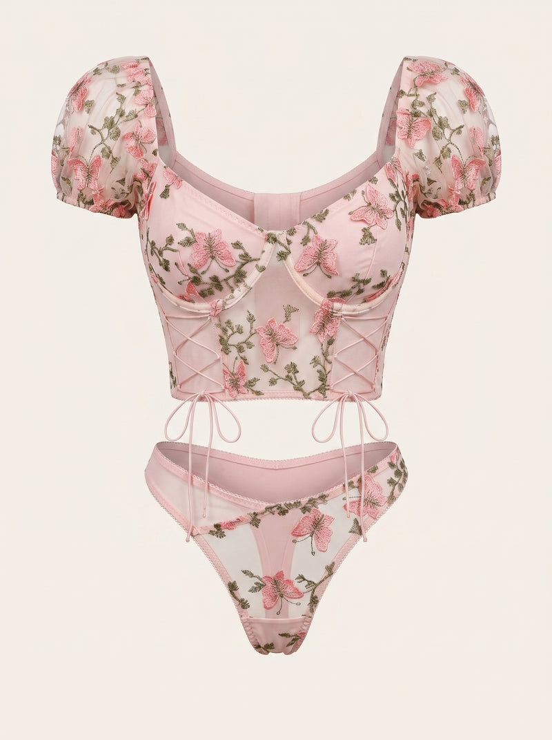 2 Piece Floral Pink Embroidered Mesh Lingerie Set with Puff Sleeves