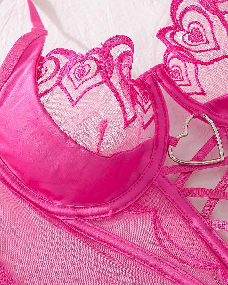2 Piece Pink Heart Lace Embroidered Mesh Lingerie Set with Strappy Detail-Corset-Bellascena-bellascena