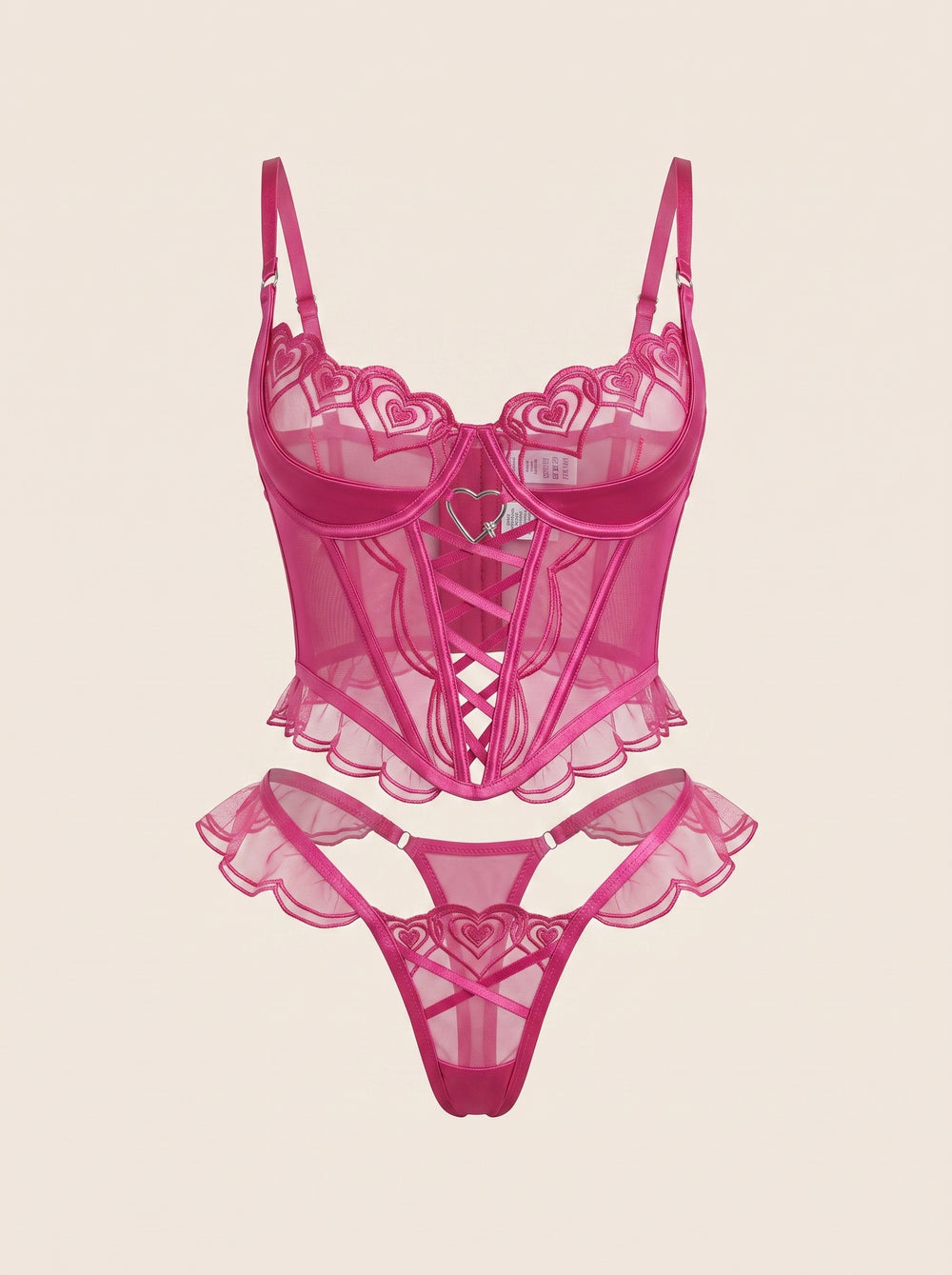 Completo di lingerie in mesh ricamato con pizzo rosa a cuori, 2 pezzi, con dettagli con fasce
