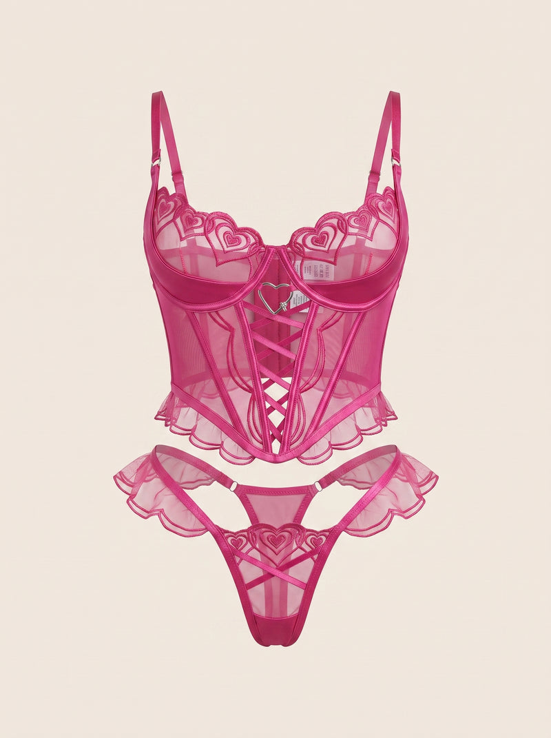 2 Piece Pink Heart Lace Embroidered Mesh Lingerie Set with Strappy Detail