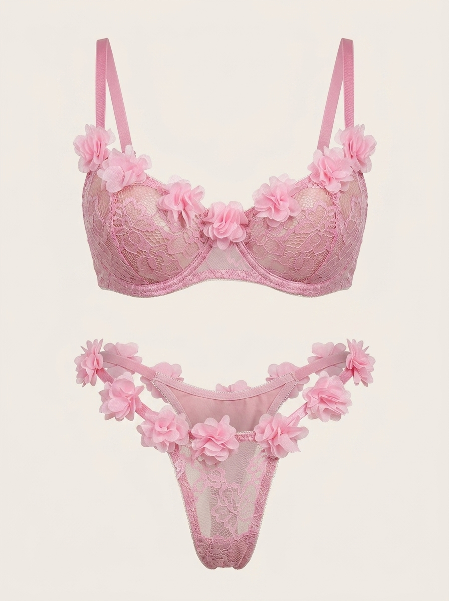 Completo lingerie in pizzo rosa da 2 pezzi con design a spalline