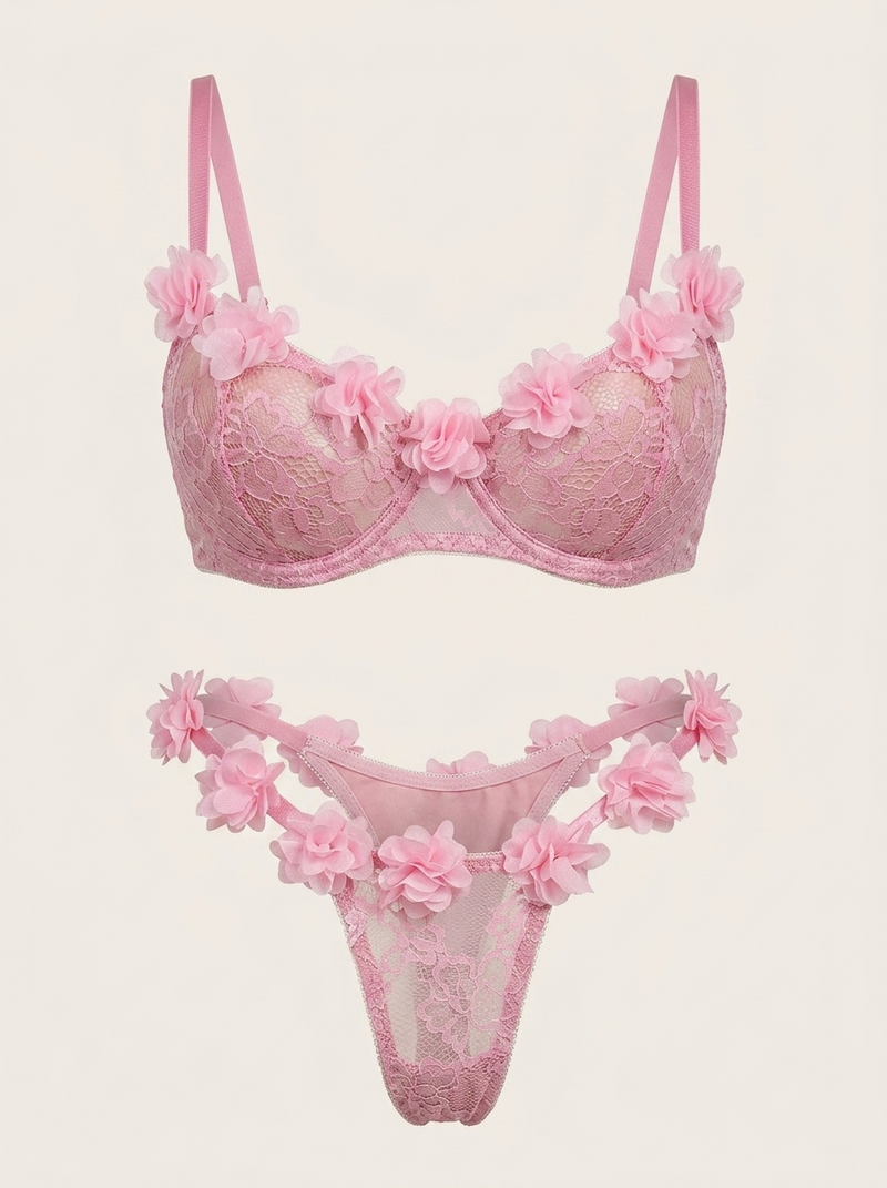 2 Piece Pink Lace Lingerie Set with Strappy Design